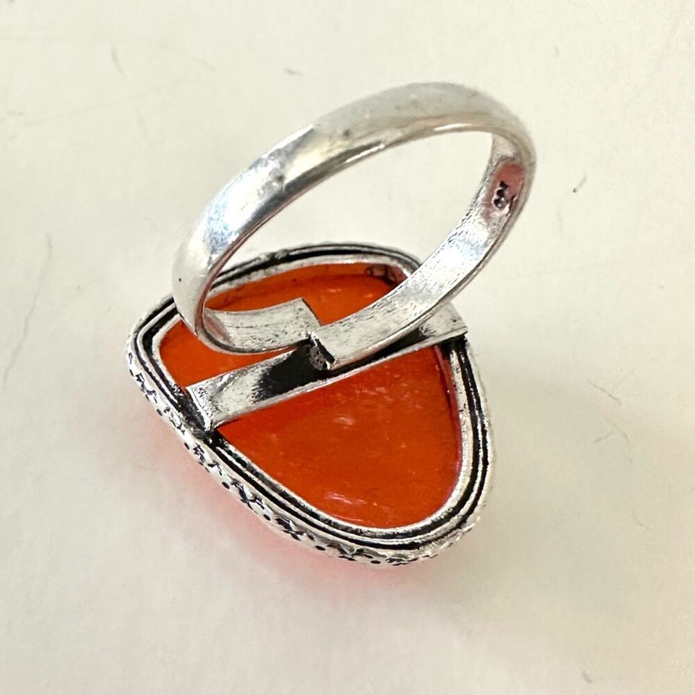 Flower carved‎ coral reddish orange gemstone ring  925 silver plated adjustable - Picture 2 of 3